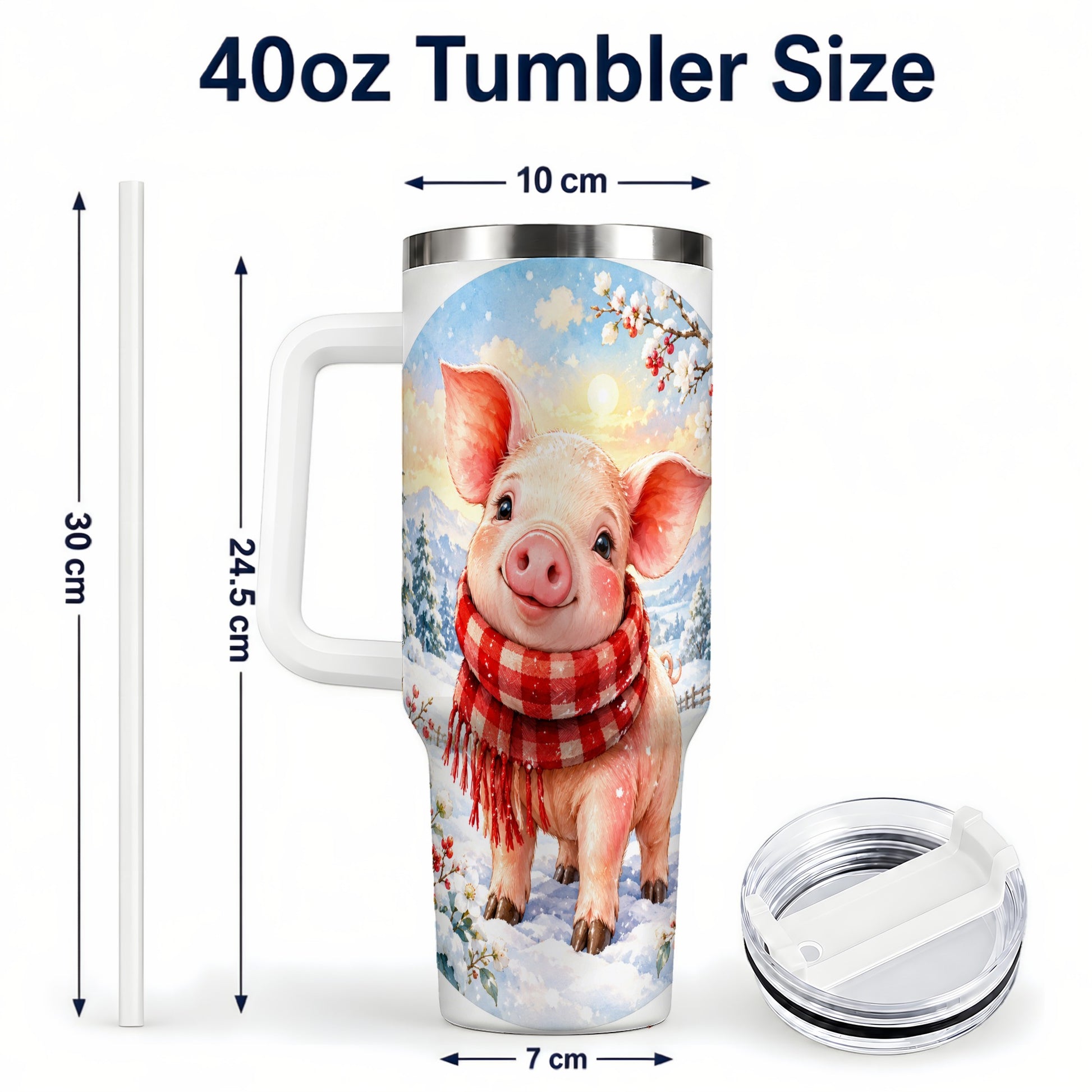 #pl[40oz|White] Watercolor Pig 40oz Tumbler with Handle, Winter Travel Cup