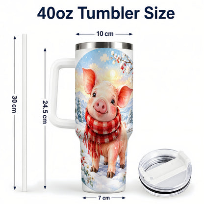 #pl[40oz|White] Watercolor Pig 40oz Tumbler with Handle, Winter Travel Cup