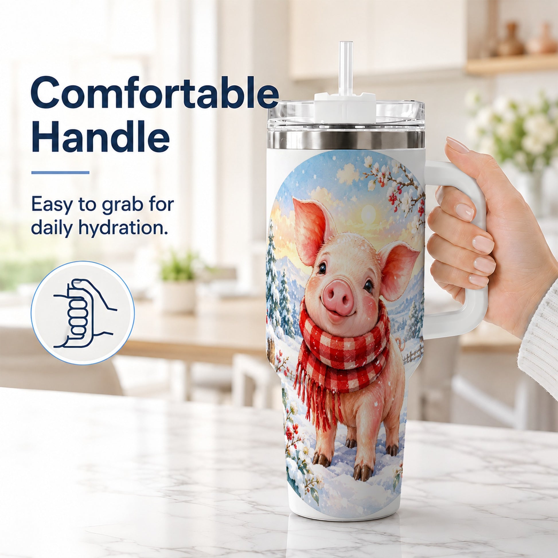 #pl[40oz|White] Watercolor Pig 40oz Tumbler with Handle, Winter Travel Cup
