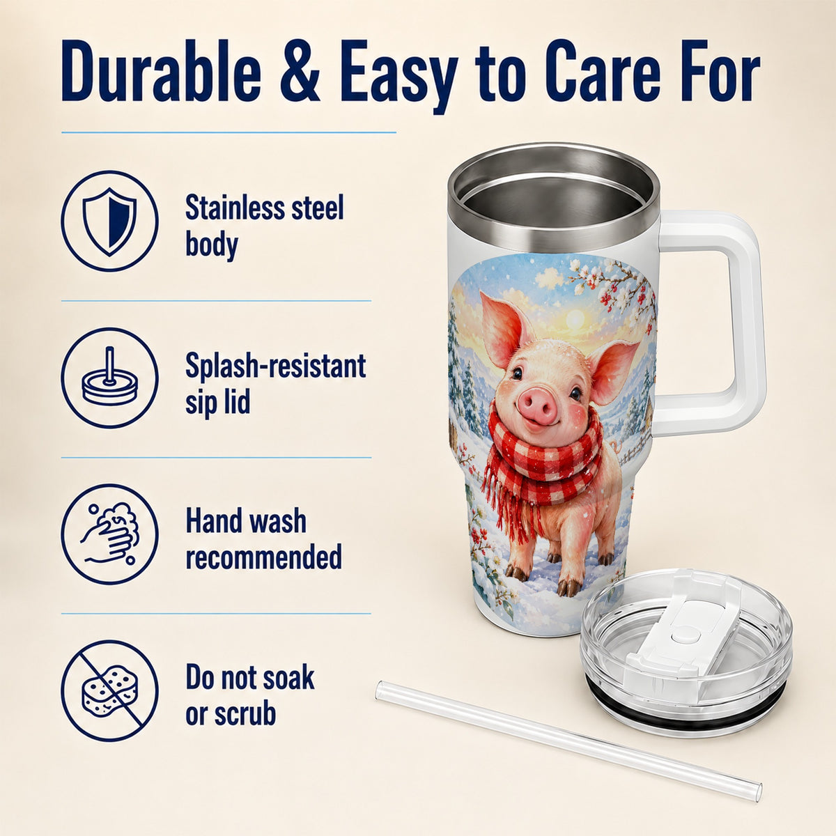 #pl[40oz|White] Watercolor Pig 40oz Tumbler with Handle, Winter Travel Cup