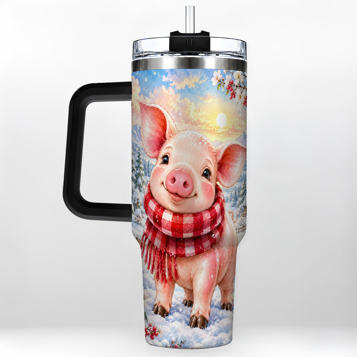 #pl[40oz|Black] Snowy Pig 40oz Tumbler with Handle, Winter Stainless Steel Travel Cup