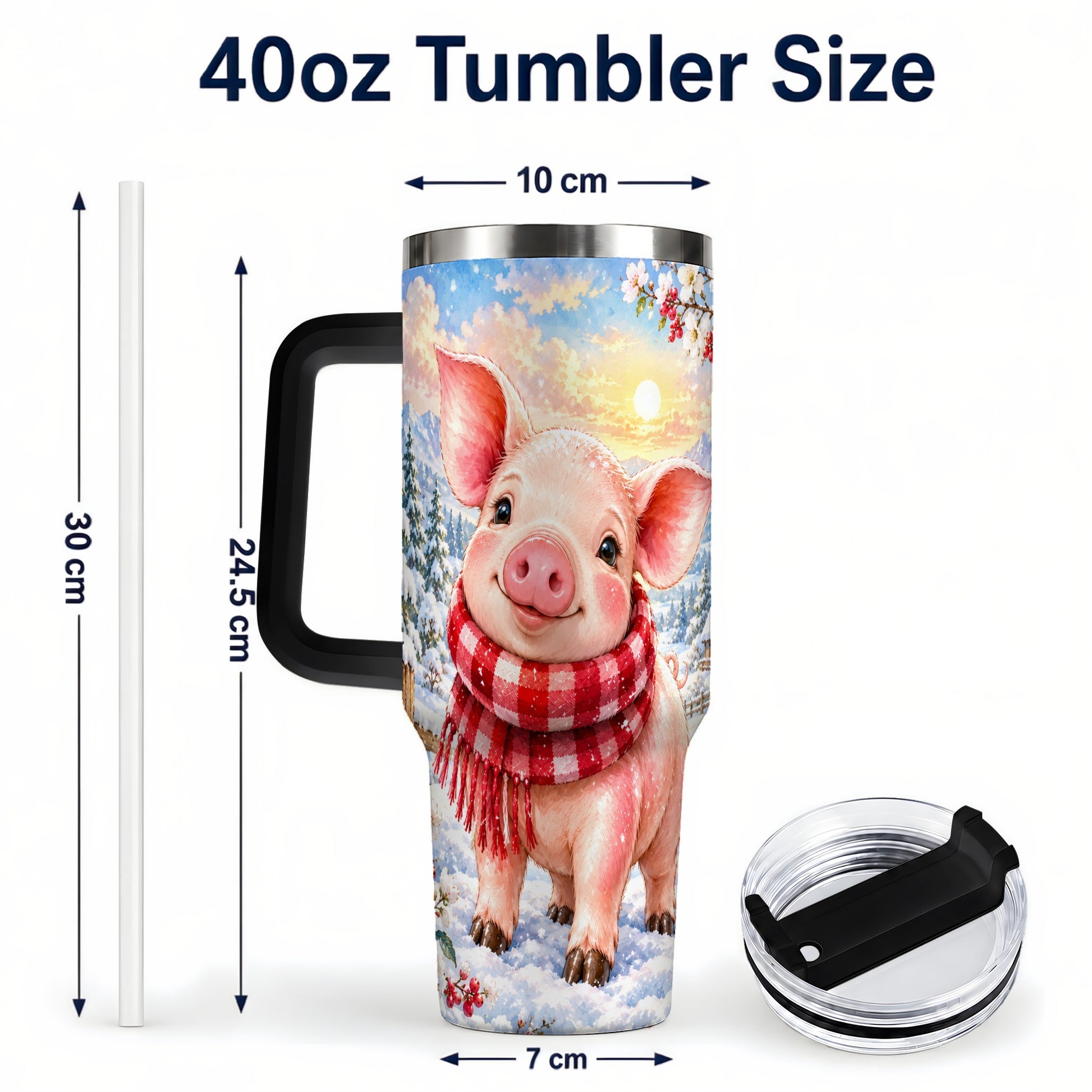 #pl[40oz|Black] Snowy Pig 40oz Tumbler with Handle, Winter Stainless Steel Travel Cup