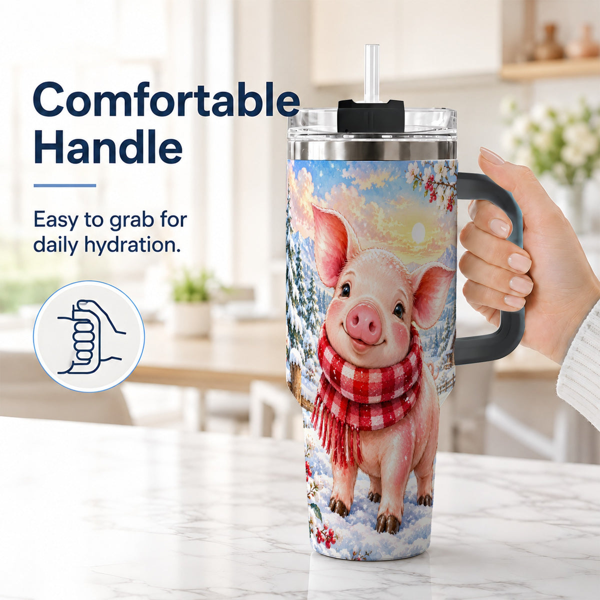#pl[40oz|Black] Snowy Pig 40oz Tumbler with Handle, Winter Stainless Steel Travel Cup