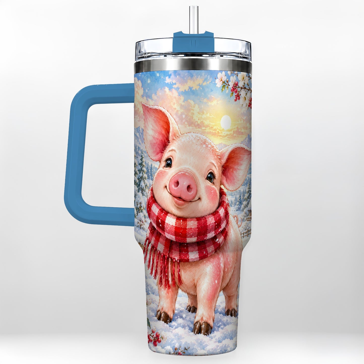 #pl[40oz|Blue] Snowy Pig 40oz Tumbler with Handle, Winter Stainless Steel Travel Cup