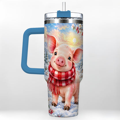 #pl[40oz|Blue] Snowy Pig 40oz Tumbler with Handle, Winter Stainless Steel Travel Cup