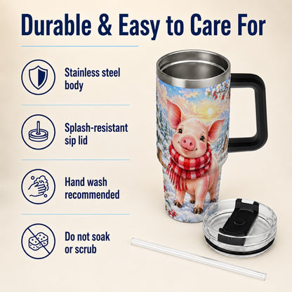 #pl[40oz|Black] Snowy Pig 40oz Tumbler with Handle, Winter Stainless Steel Travel Cup