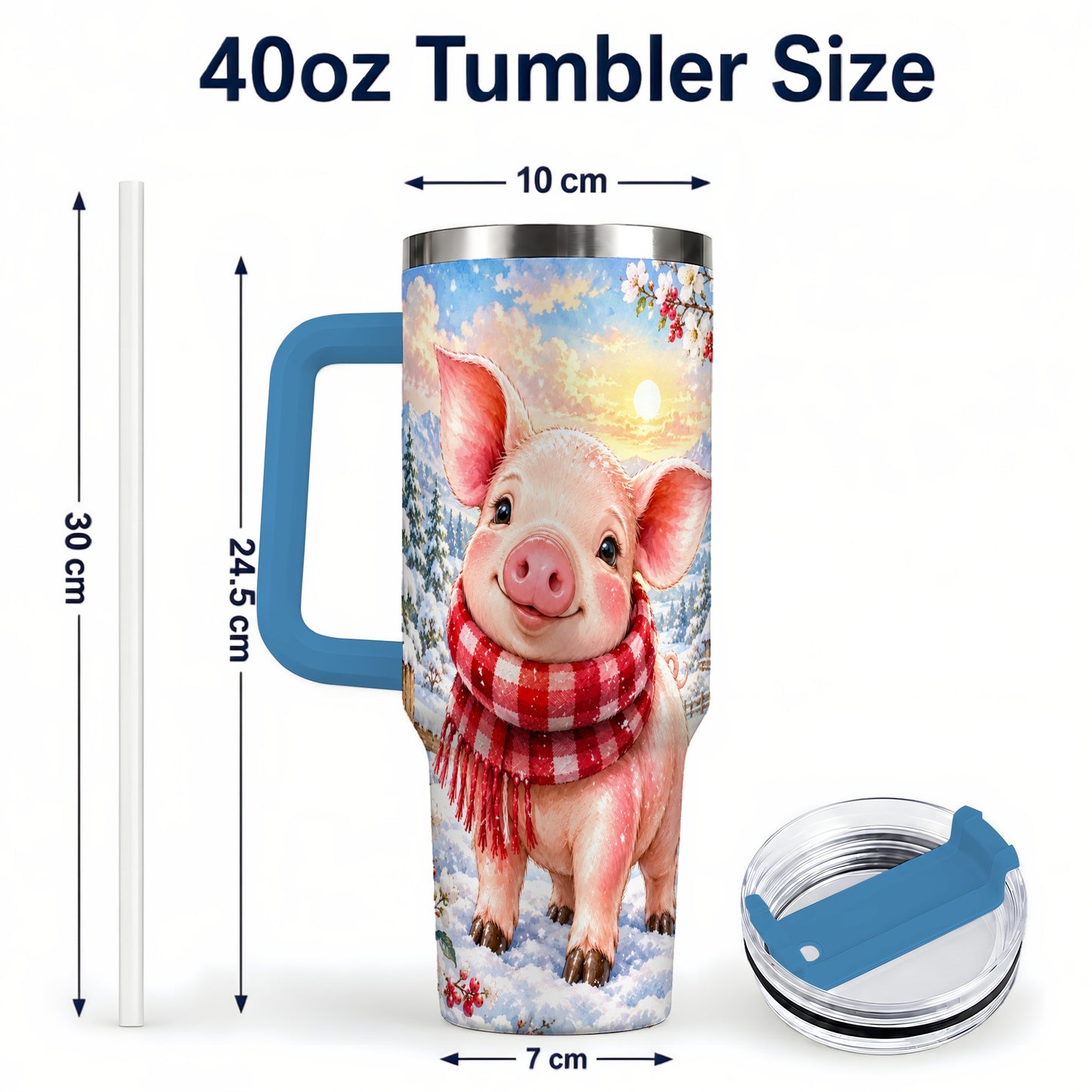 #pl[40oz|Blue] Snowy Pig 40oz Tumbler with Handle, Winter Stainless Steel Travel Cup