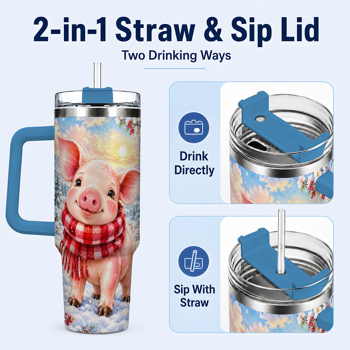 #pl[40oz|Blue] Snowy Pig 40oz Tumbler with Handle, Winter Stainless Steel Travel Cup