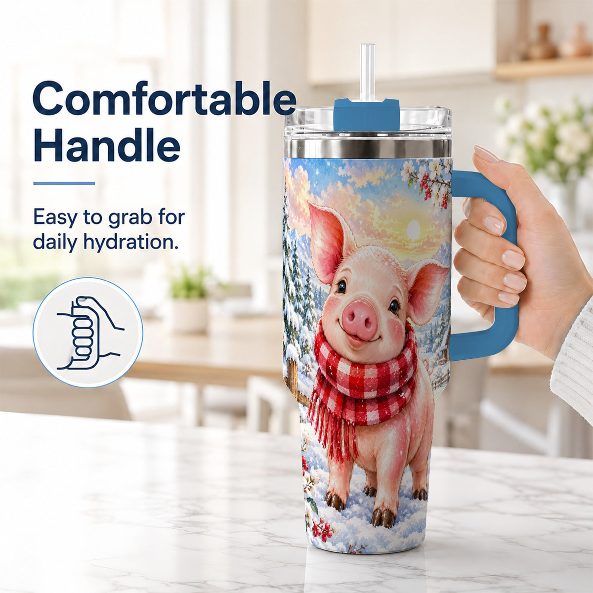 #pl[40oz|Blue] Snowy Pig 40oz Tumbler with Handle, Winter Stainless Steel Travel Cup