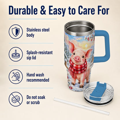 #pl[40oz|Blue] Snowy Pig 40oz Tumbler with Handle, Winter Stainless Steel Travel Cup