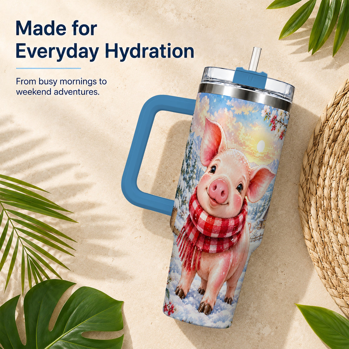 #pl[40oz|Blue] Snowy Pig 40oz Tumbler with Handle, Winter Stainless Steel Travel Cup