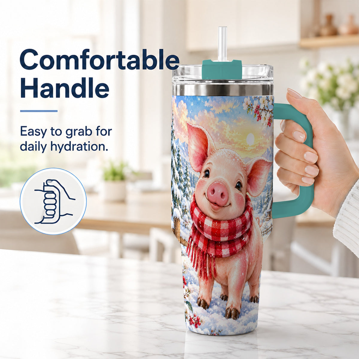 #pl[40oz|Green] Snowy Pig 40oz Tumbler with Handle, Winter Stainless Steel Travel Cup