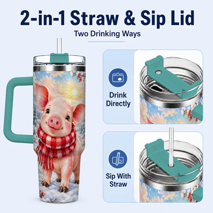#pl[40oz|Green] Snowy Pig 40oz Tumbler with Handle, Winter Stainless Steel Travel Cup