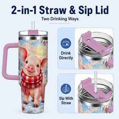 #pl[40oz|Pink] Snowy Pig 40oz Tumbler with Handle, Winter Stainless Steel Travel Cup