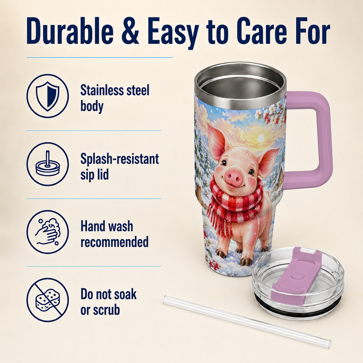 #pl[40oz|Pink] Snowy Pig 40oz Tumbler with Handle, Winter Stainless Steel Travel Cup