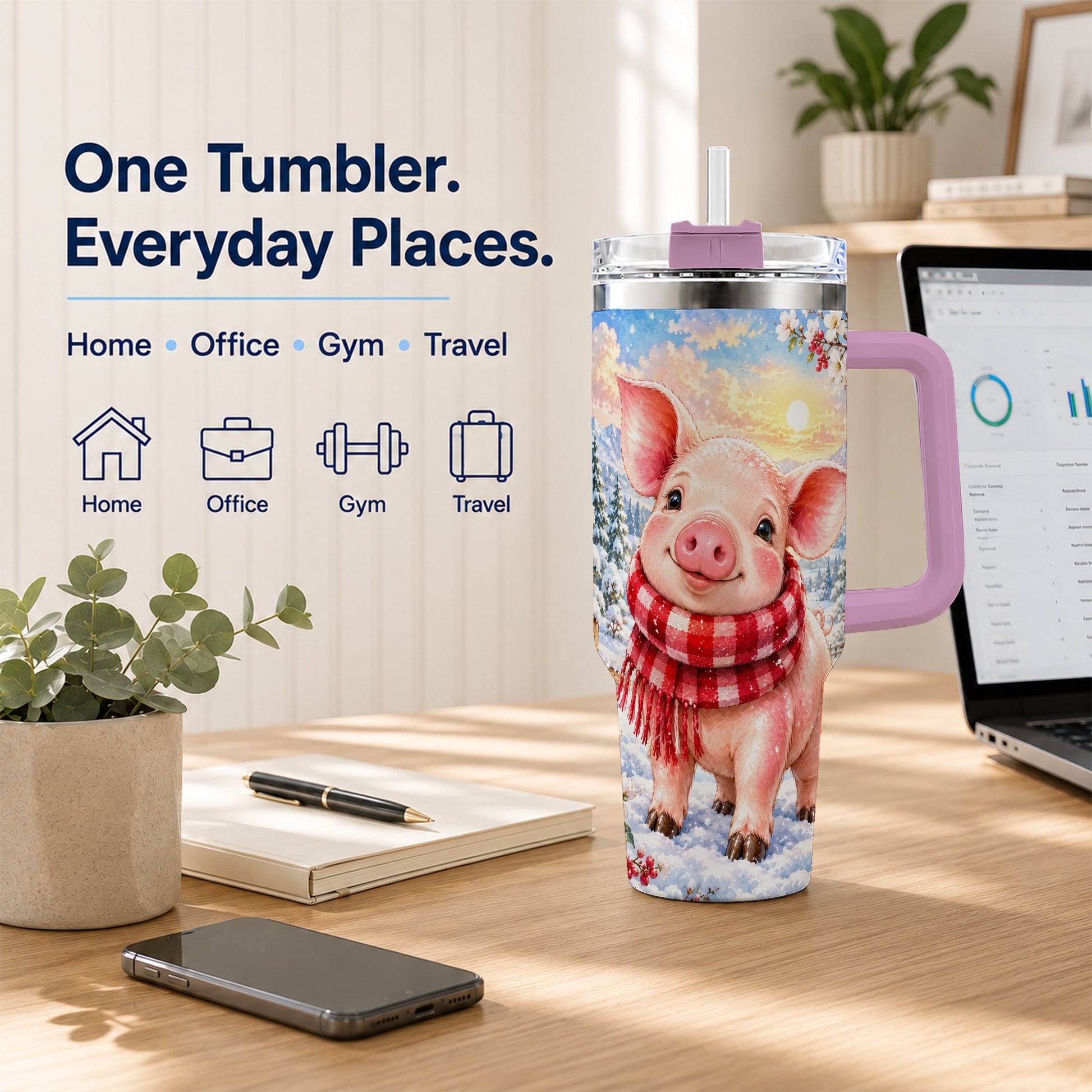 #pl[40oz|Pink] Snowy Pig 40oz Tumbler with Handle, Winter Stainless Steel Travel Cup