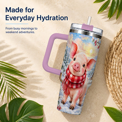 #pl[40oz|Pink] Snowy Pig 40oz Tumbler with Handle, Winter Stainless Steel Travel Cup