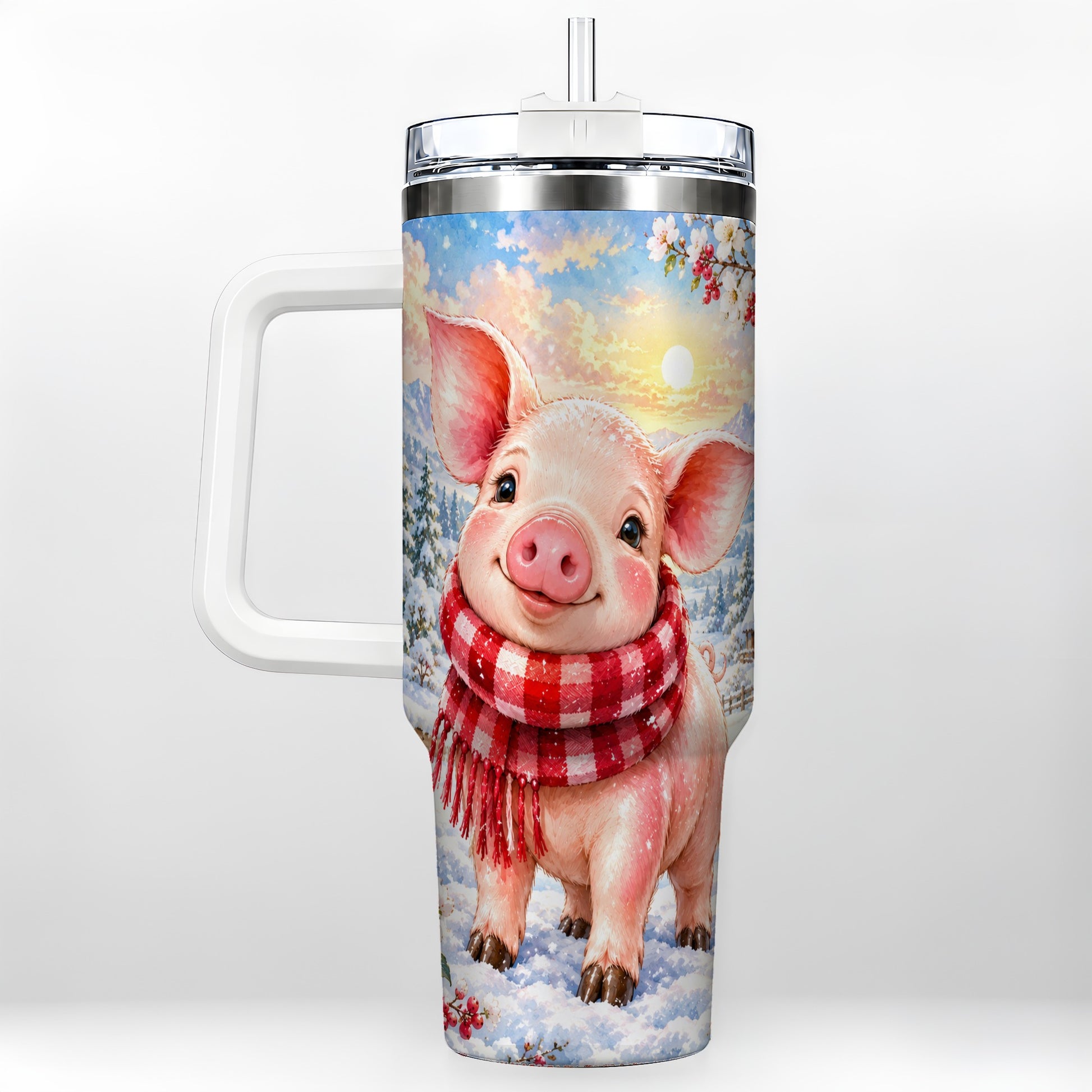 Snowy Pig 40oz Tumbler with Handle, Winter Stainless Steel Travel Cup