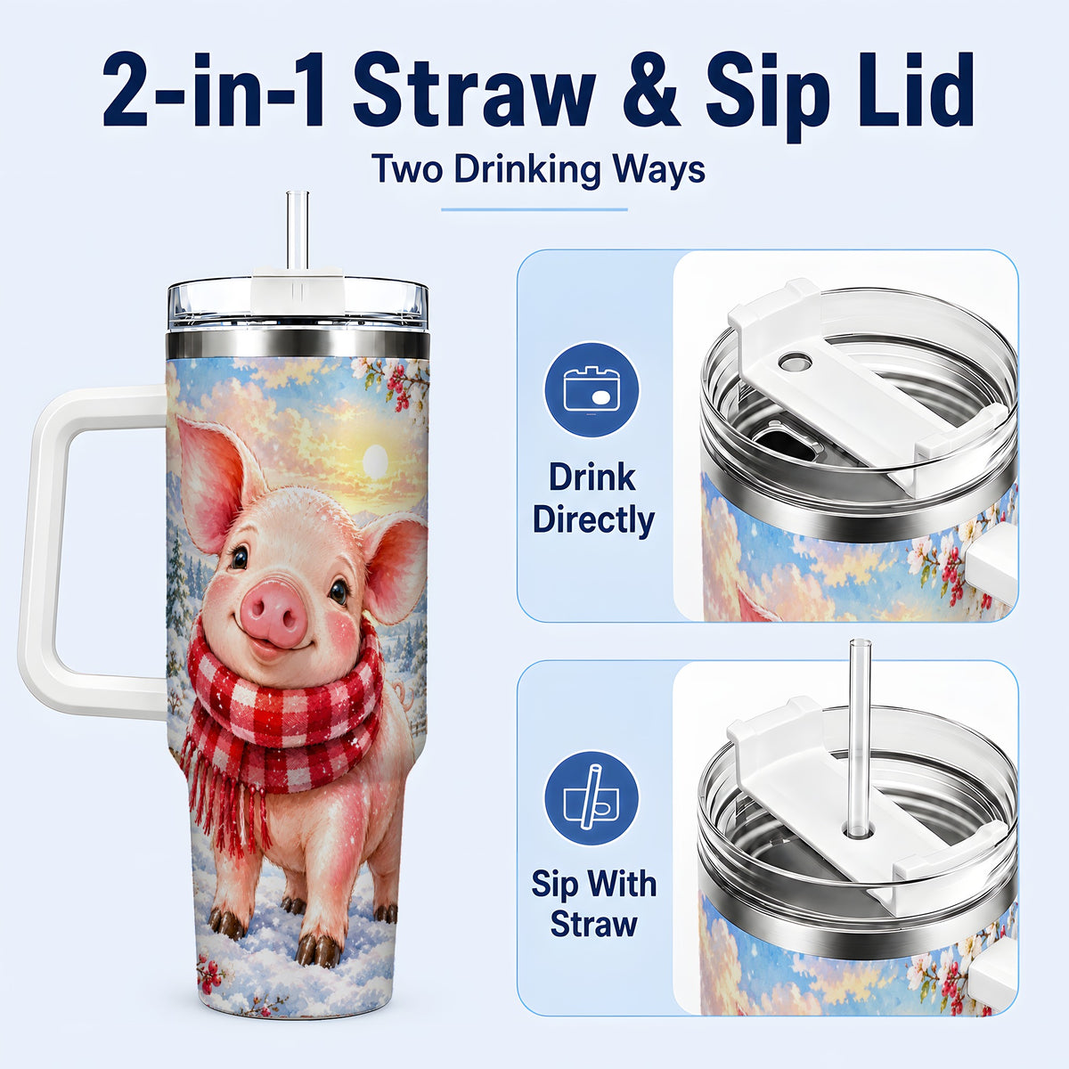 #pl[40oz|White] Snowy Pig 40oz Tumbler with Handle, Winter Stainless Steel Travel Cup