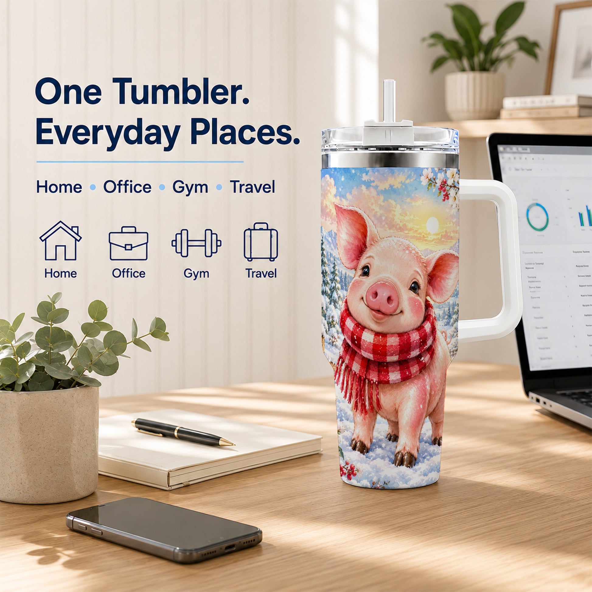 #pl[40oz|White] Snowy Pig 40oz Tumbler with Handle, Winter Stainless Steel Travel Cup
