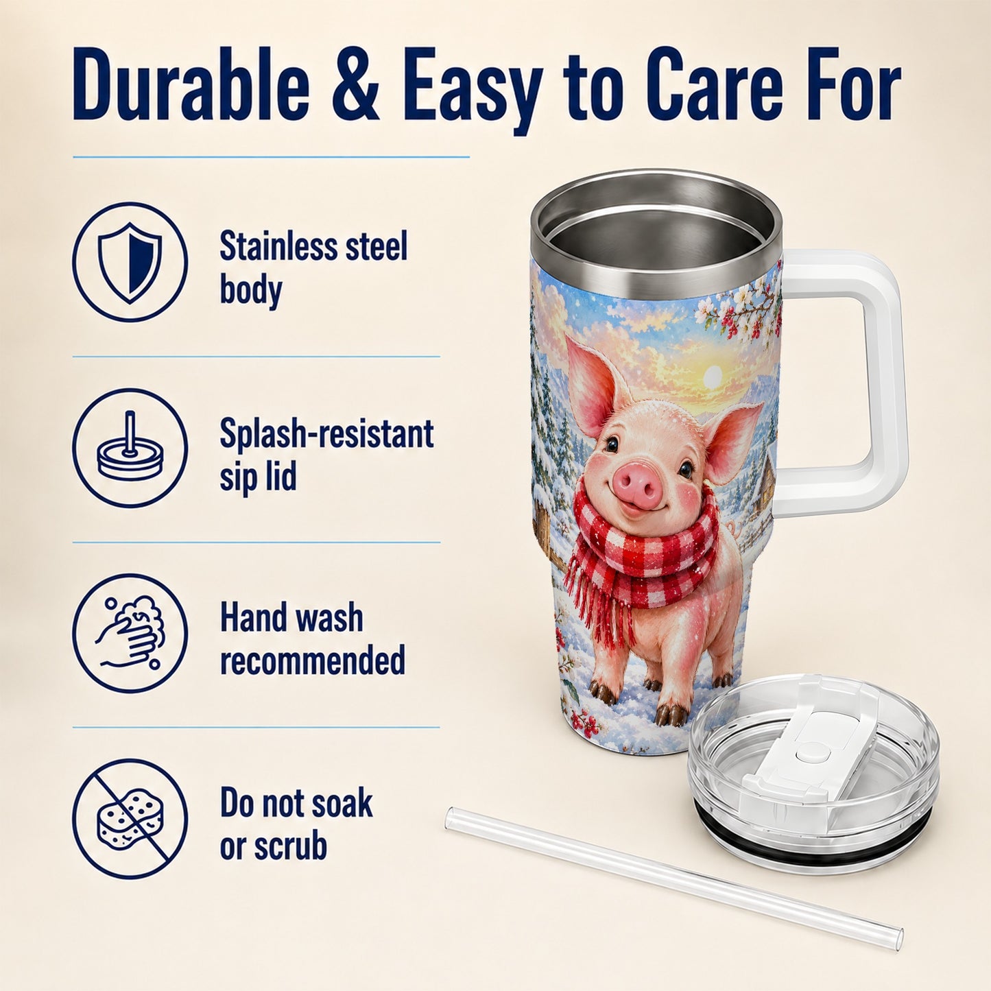 #pl[40oz|White] Snowy Pig 40oz Tumbler with Handle, Winter Stainless Steel Travel Cup