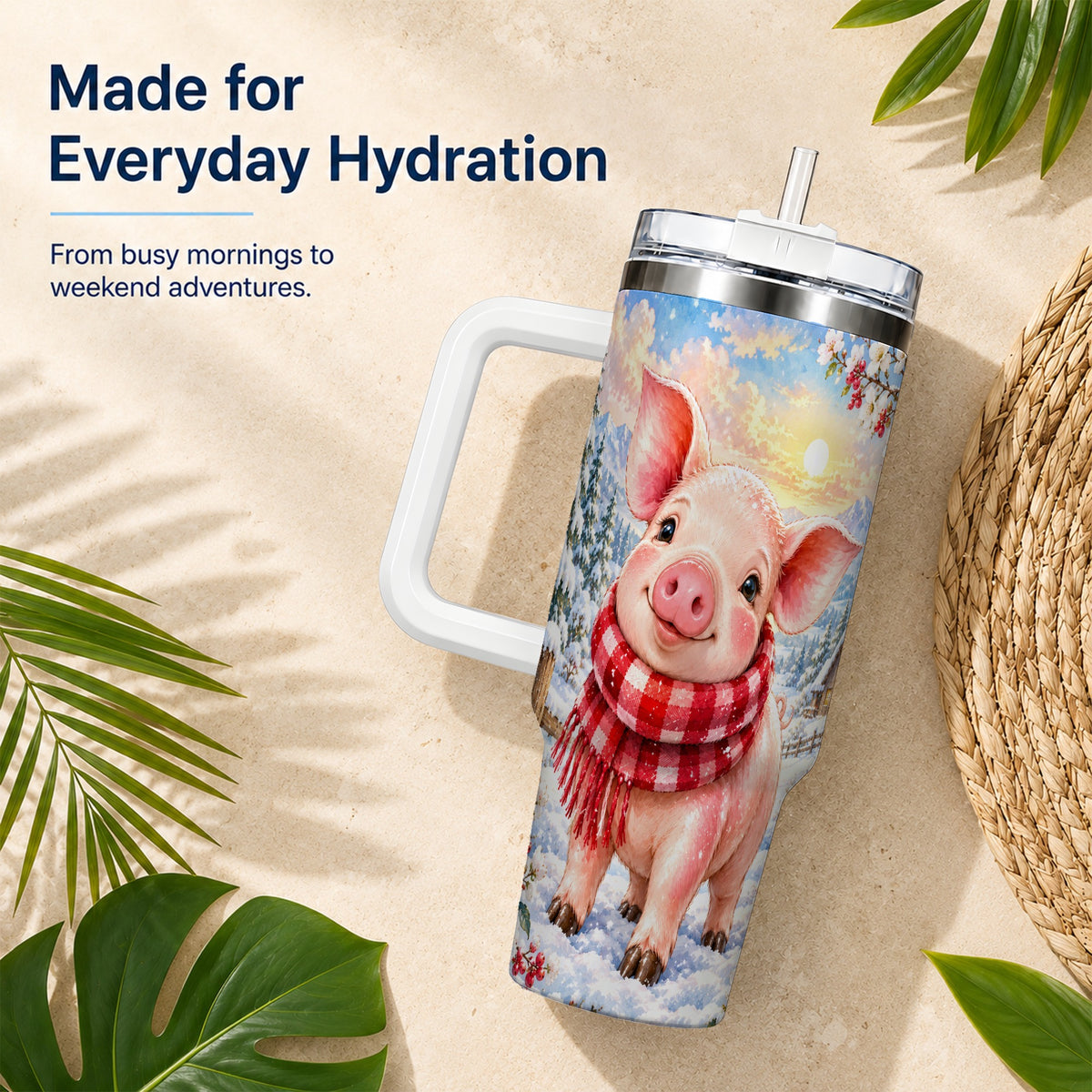 #pl[40oz|White] Snowy Pig 40oz Tumbler with Handle, Winter Stainless Steel Travel Cup