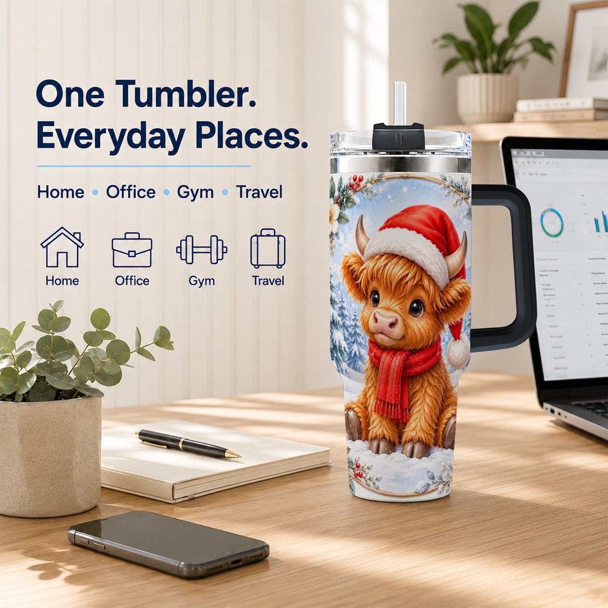 #pl[40oz|Black] Highland Cow 40oz Tumbler with Handle, Christmas Travel Cup