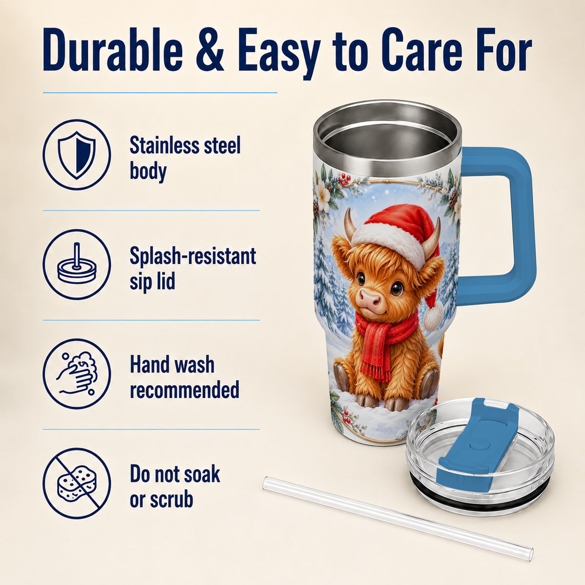 #pl[40oz|Blue] Highland Cow 40oz Tumbler with Handle, Christmas Travel Cup