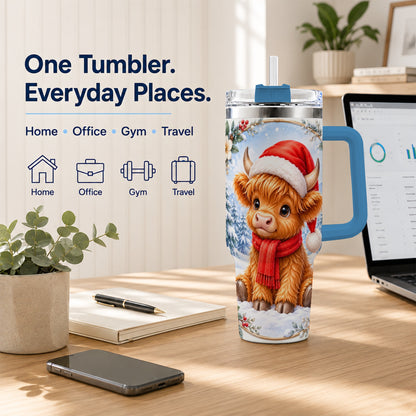 #pl[40oz|Blue] Highland Cow 40oz Tumbler with Handle, Christmas Travel Cup