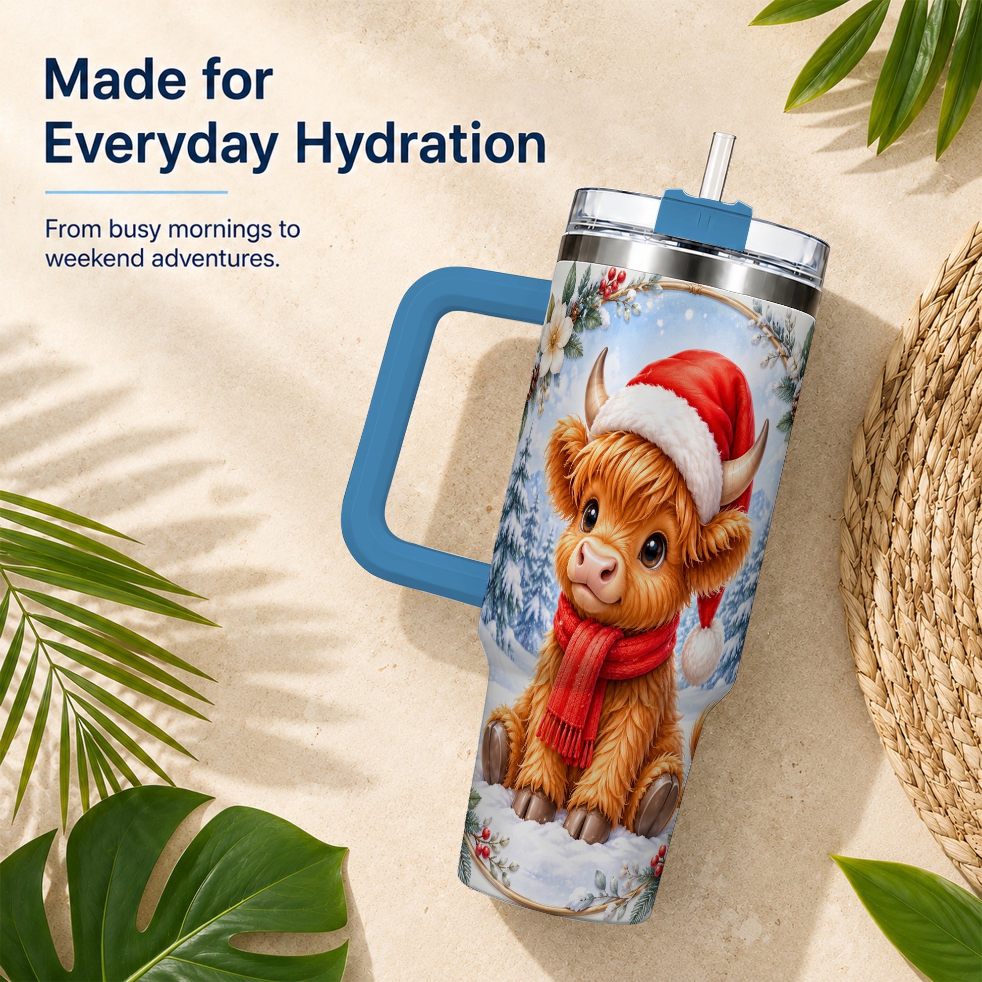 #pl[40oz|Blue] Highland Cow 40oz Tumbler with Handle, Christmas Travel Cup