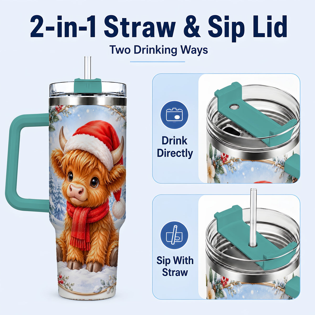 #pl[40oz|Green] Highland Cow 40oz Tumbler with Handle, Christmas Travel Cup