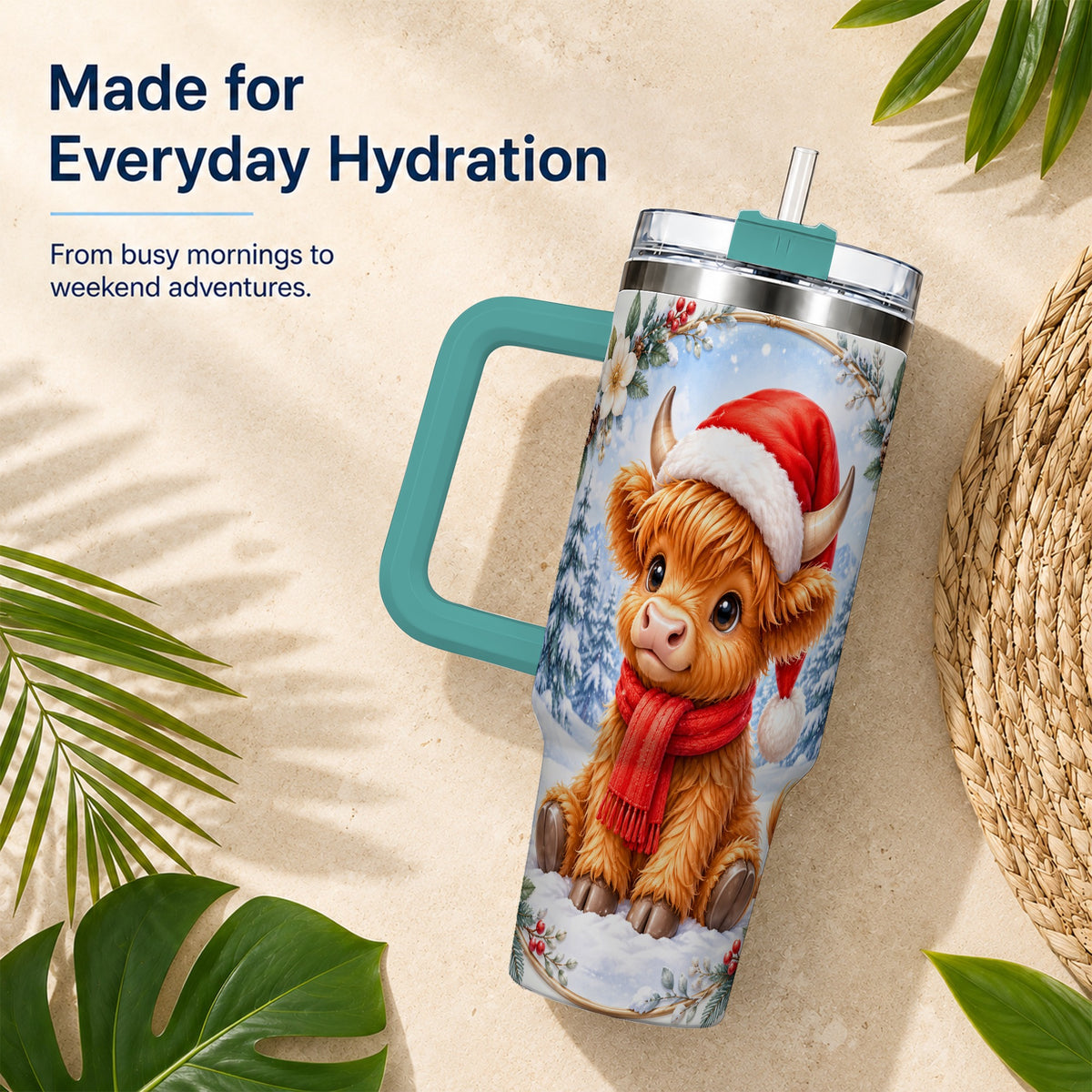 #pl[40oz|Green] Highland Cow 40oz Tumbler with Handle, Christmas Travel Cup