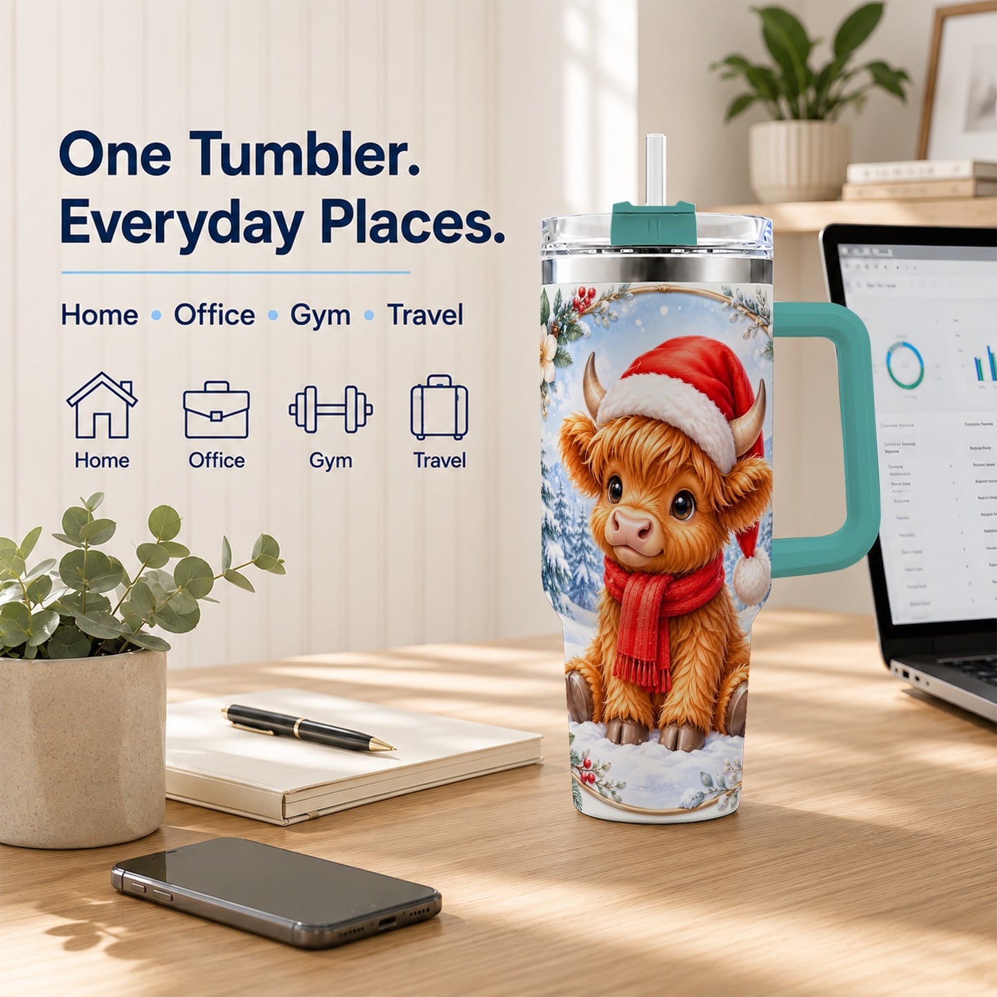 #pl[40oz|Green] Highland Cow 40oz Tumbler with Handle, Christmas Travel Cup