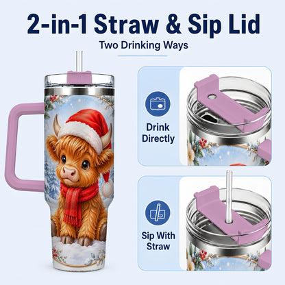 #pl[40oz|Pink] Highland Cow 40oz Tumbler with Handle, Christmas Travel Cup