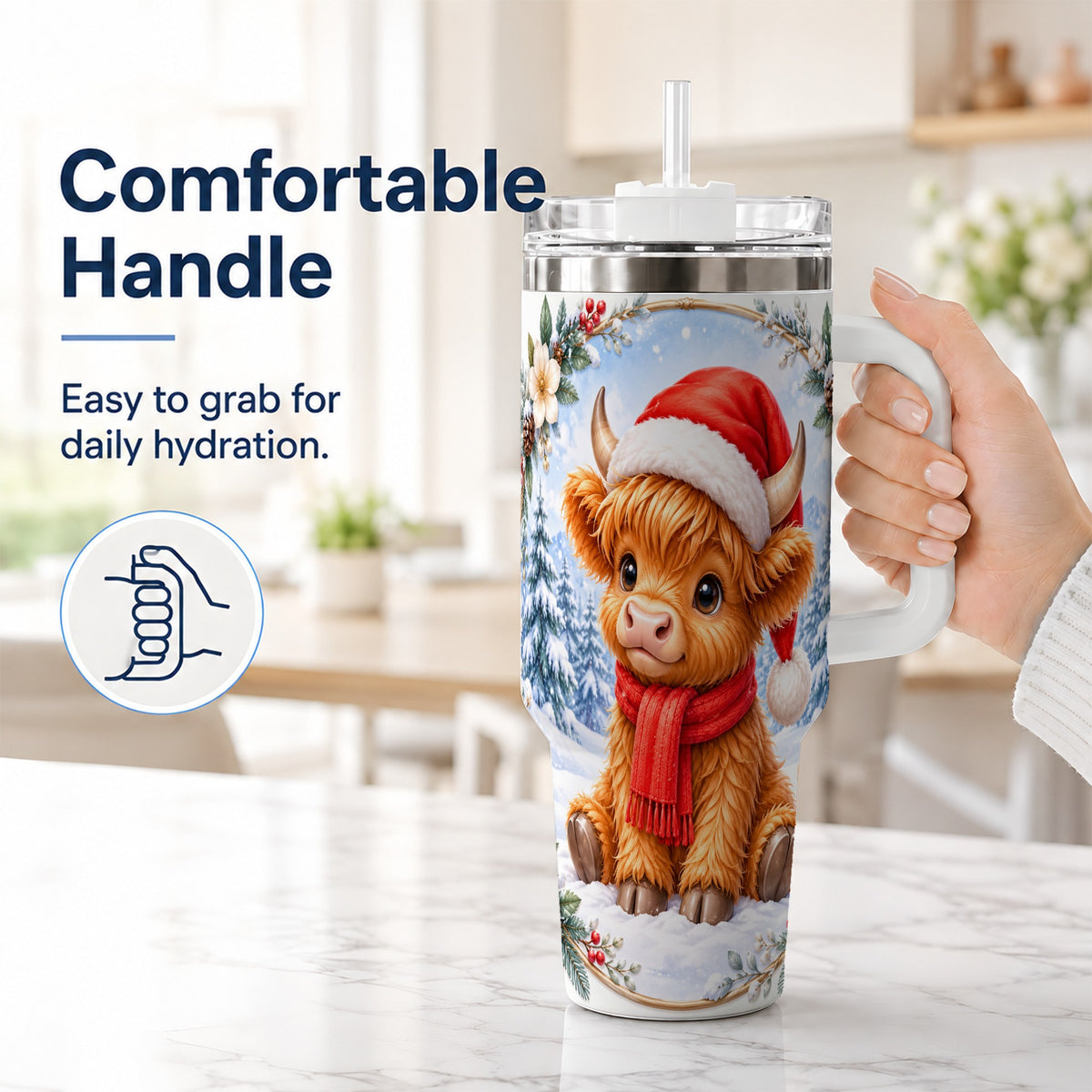 #pl[40oz|White] Highland Cow 40oz Tumbler with Handle, Christmas Travel Cup
