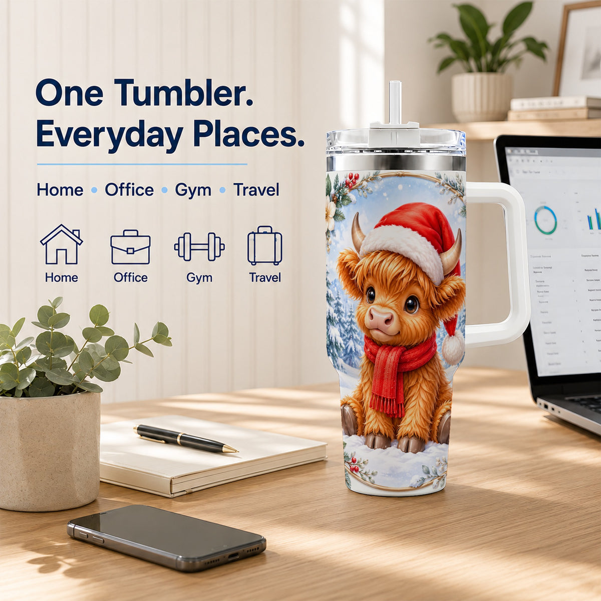 #pl[40oz|White] Highland Cow 40oz Tumbler with Handle, Christmas Travel Cup