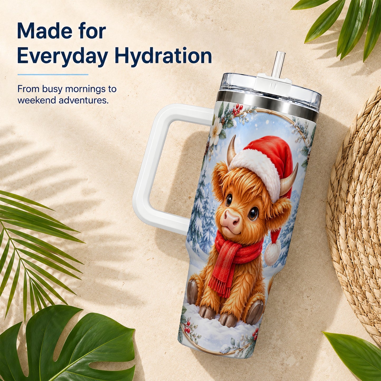 #pl[40oz|White] Highland Cow 40oz Tumbler with Handle, Christmas Travel Cup