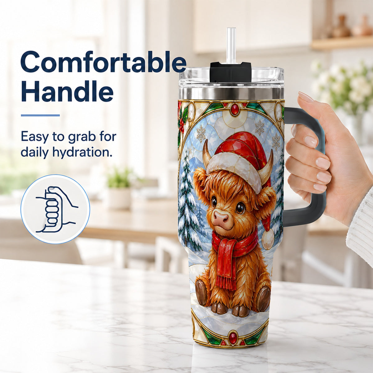 #pl[40oz|Black] Highland Cow 40oz Tumbler with Handle, Stained Glass Style Travel Cup