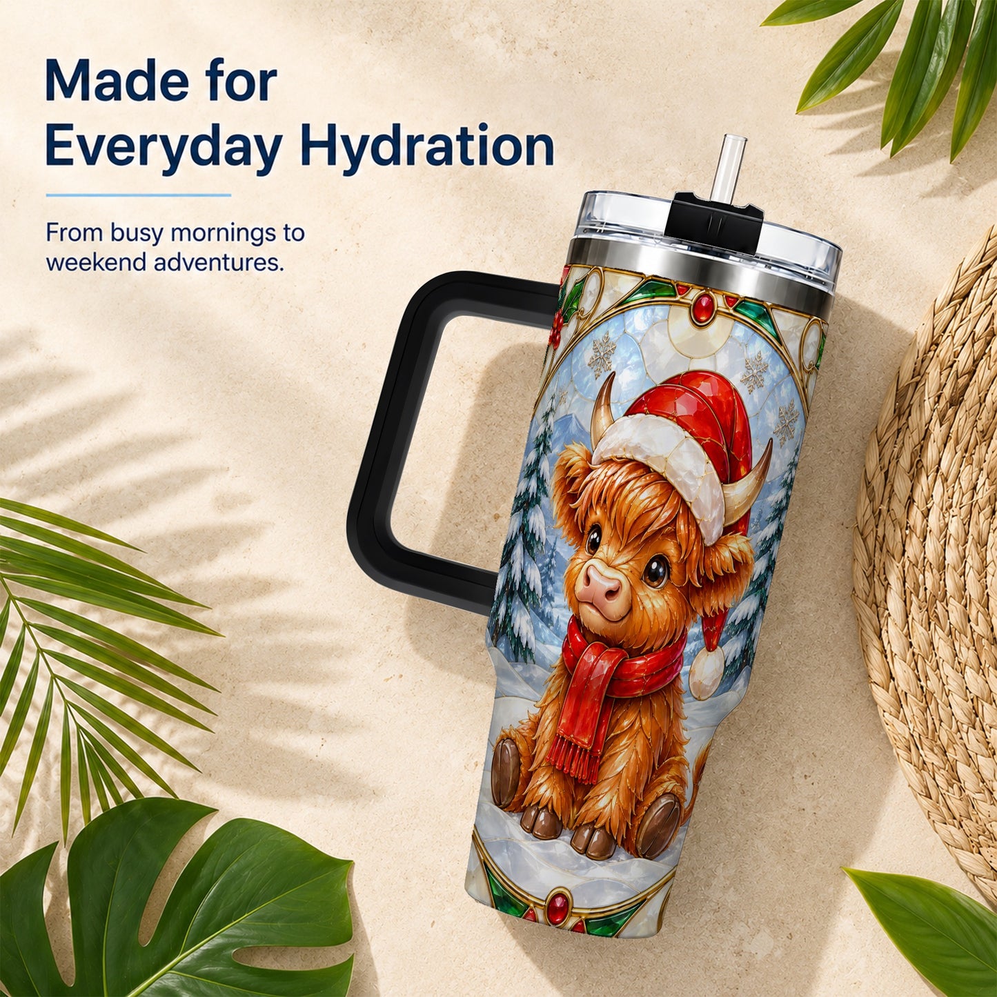 #pl[40oz|Black] Highland Cow 40oz Tumbler with Handle, Stained Glass Style Travel Cup