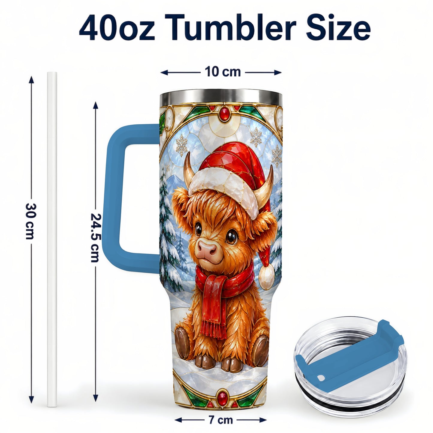 #pl[40oz|Blue] Highland Cow 40oz Tumbler with Handle, Stained Glass Style Travel Cup