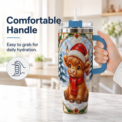 #pl[40oz|Blue] Highland Cow 40oz Tumbler with Handle, Stained Glass Style Travel Cup