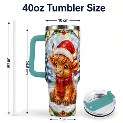 #pl[40oz|Green] Highland Cow 40oz Tumbler with Handle, Stained Glass Style Travel Cup