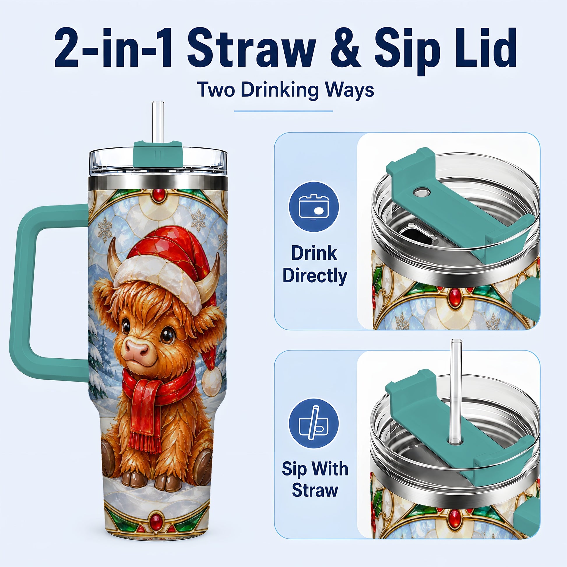 #pl[40oz|Green] Highland Cow 40oz Tumbler with Handle, Stained Glass Style Travel Cup