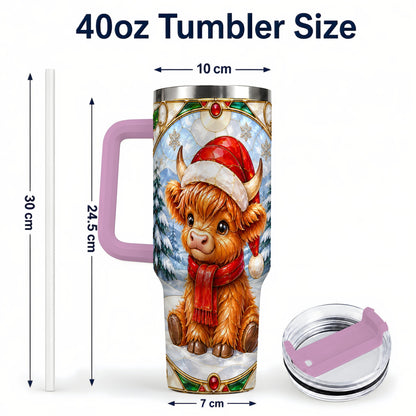 #pl[40oz|Pink] Highland Cow 40oz Tumbler with Handle, Stained Glass Style Travel Cup