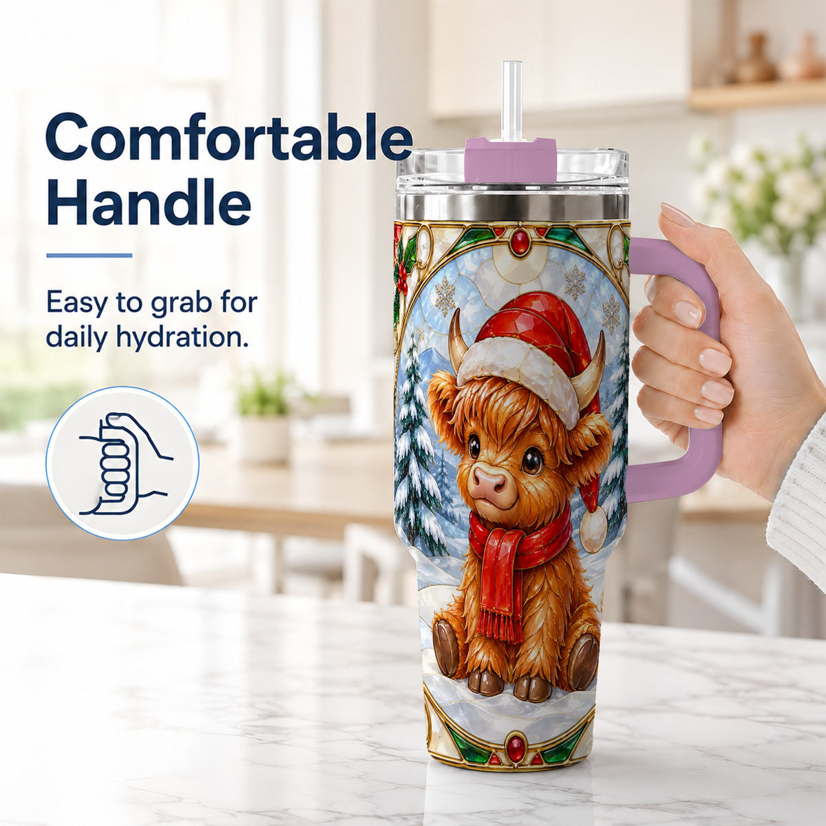 #pl[40oz|Pink] Highland Cow 40oz Tumbler with Handle, Stained Glass Style Travel Cup