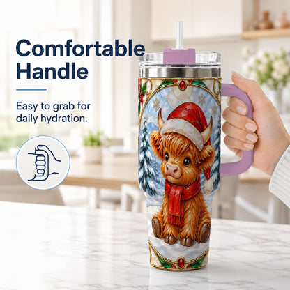 #pl[40oz|Pink] Highland Cow 40oz Tumbler with Handle, Stained Glass Style Travel Cup