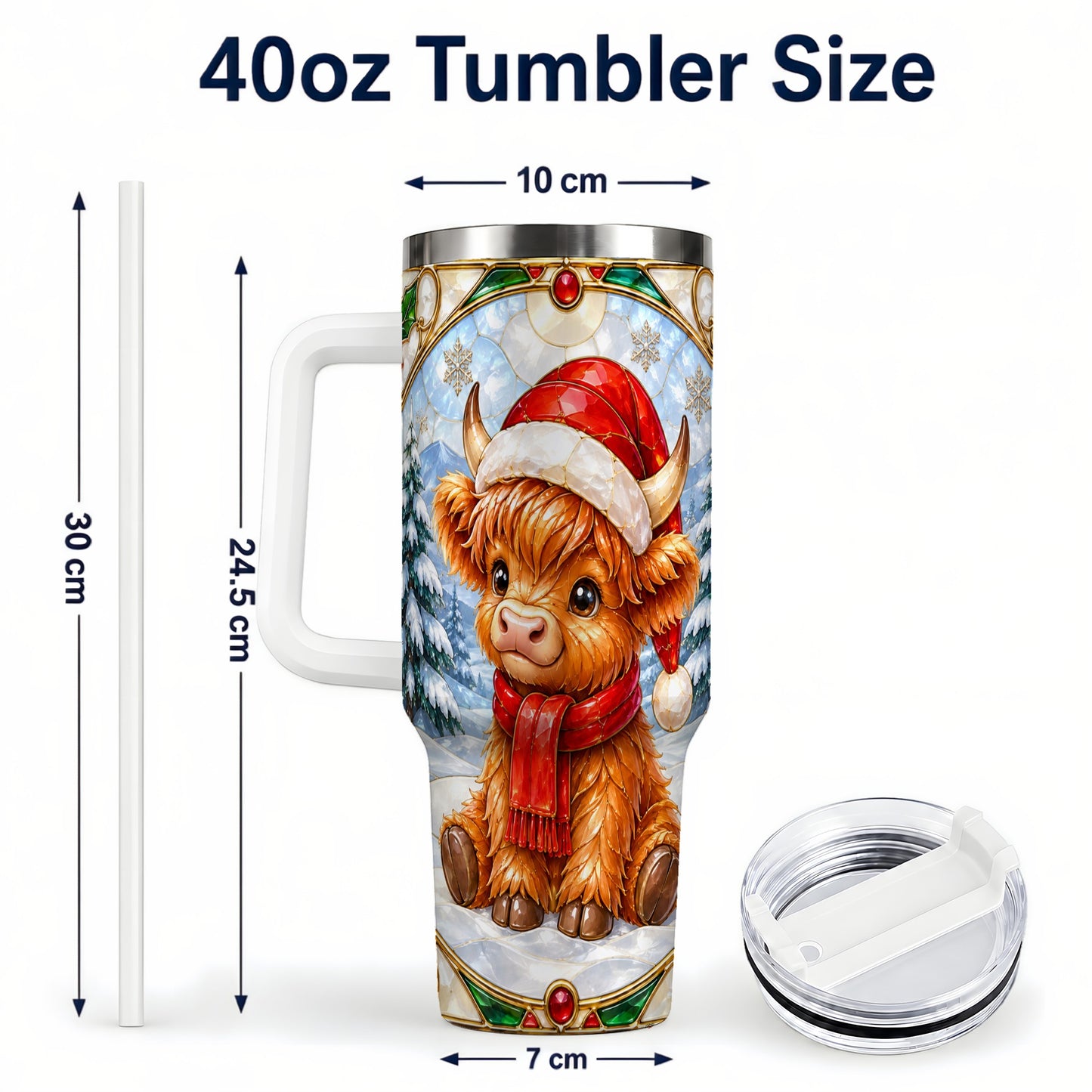 #pl[40oz|White] Highland Cow 40oz Tumbler with Handle, Stained Glass Style Travel Cup