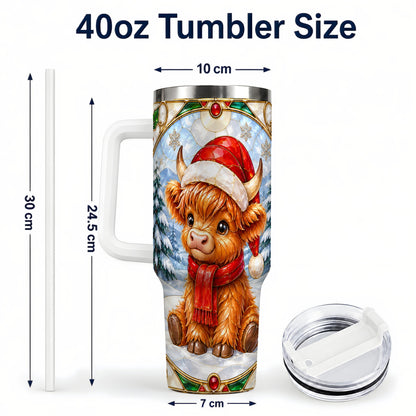 #pl[40oz|White] Highland Cow 40oz Tumbler with Handle, Stained Glass Style Travel Cup