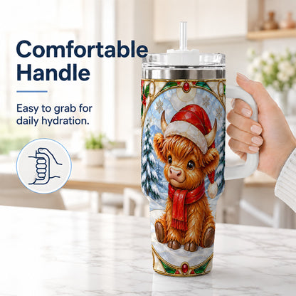 #pl[40oz|White] Highland Cow 40oz Tumbler with Handle, Stained Glass Style Travel Cup
