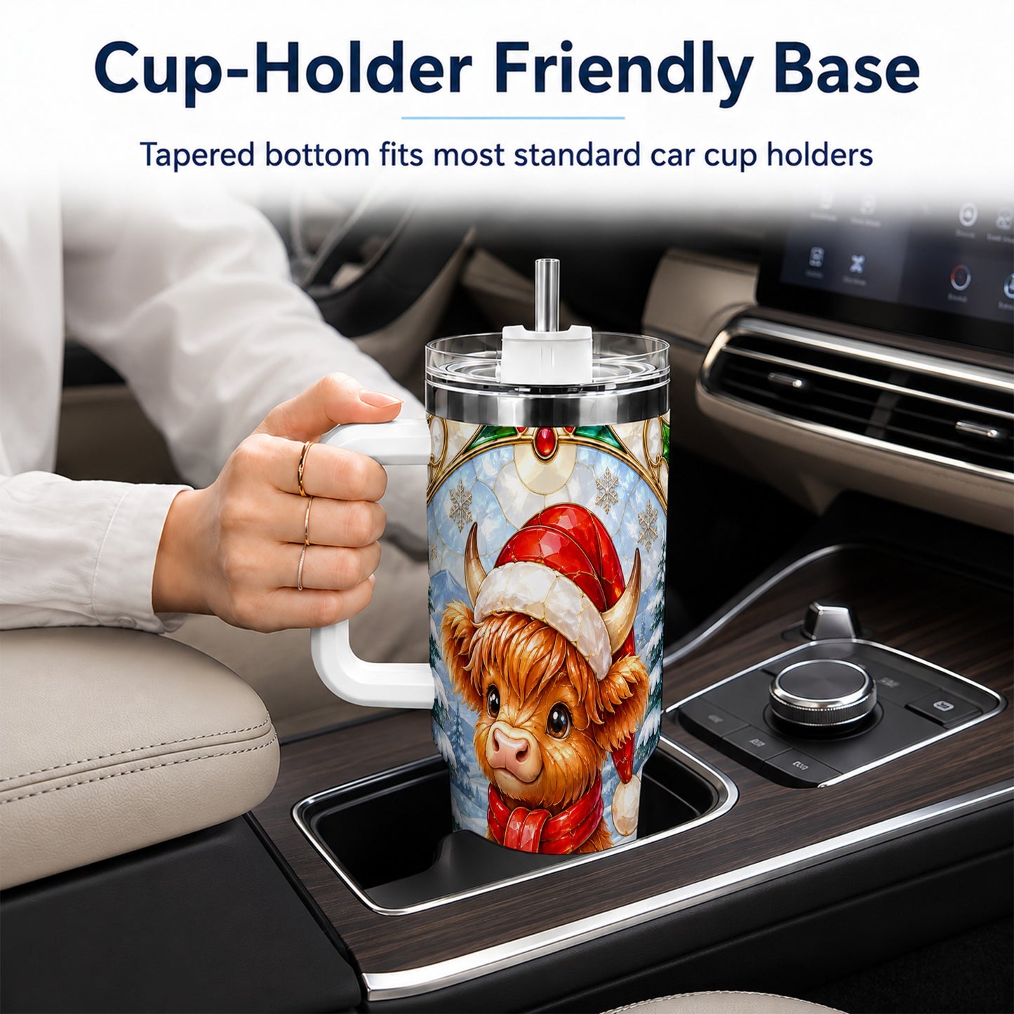 #pl[40oz|White] Highland Cow 40oz Tumbler with Handle, Stained Glass Style Travel Cup